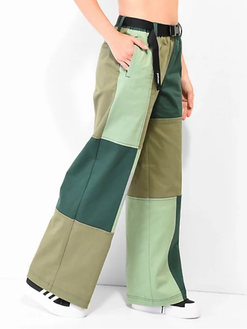 Petals and Peacocks Green Colorblock Patchwork Belted Skate Pants Medium